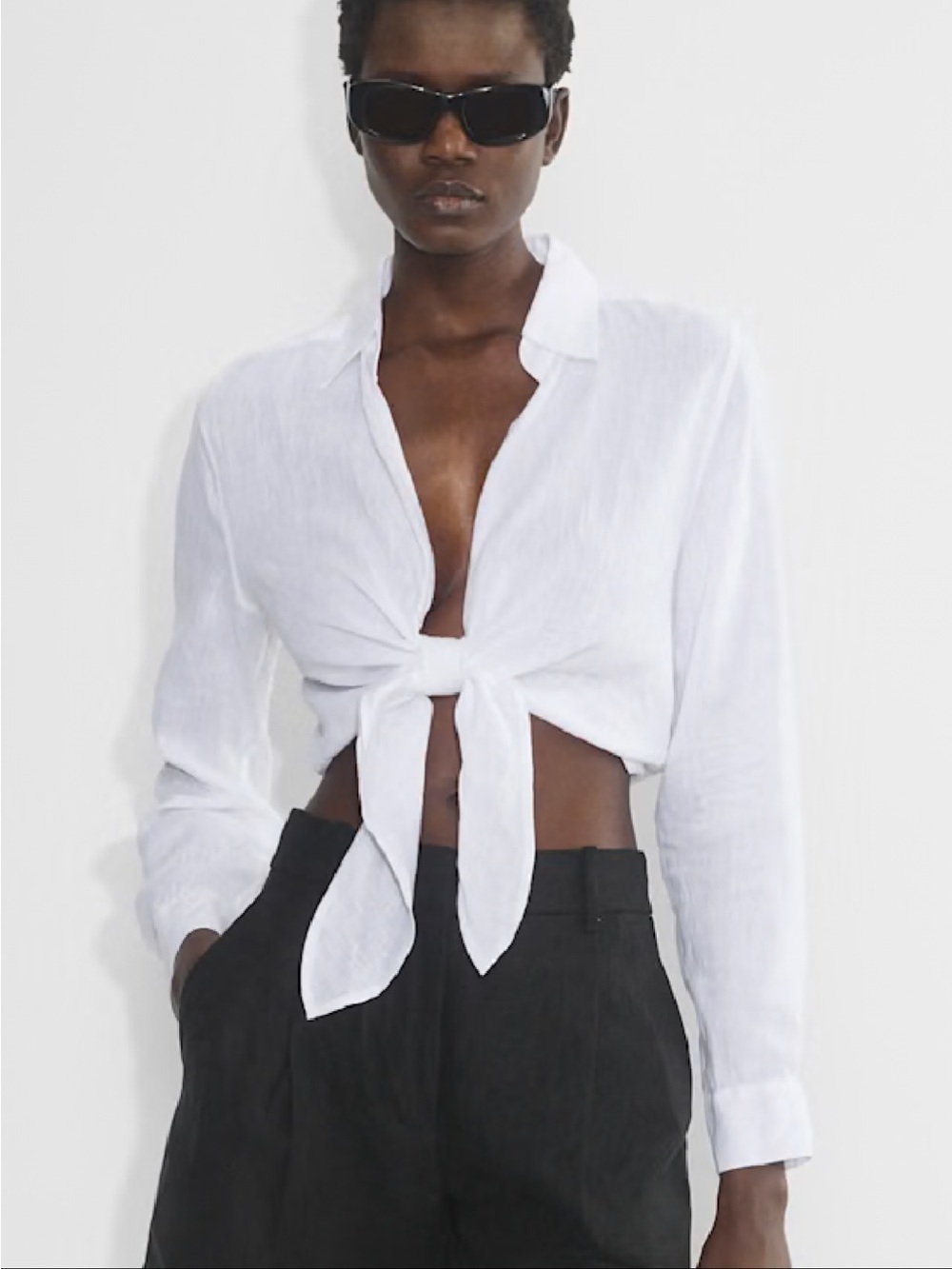 Babaton White Tie-Front Button Down Shirt